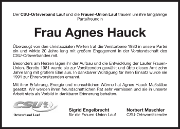 Traueranzeige von Agnes Hauck von Pegnitz-Zeitung
